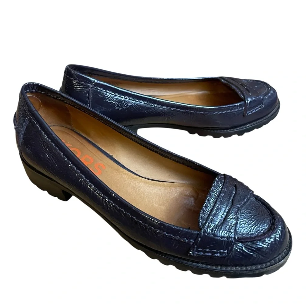 Michael Kors Dark Plum Patent Leather Penny Loafers Lug Sole Flats Size 5.5‎